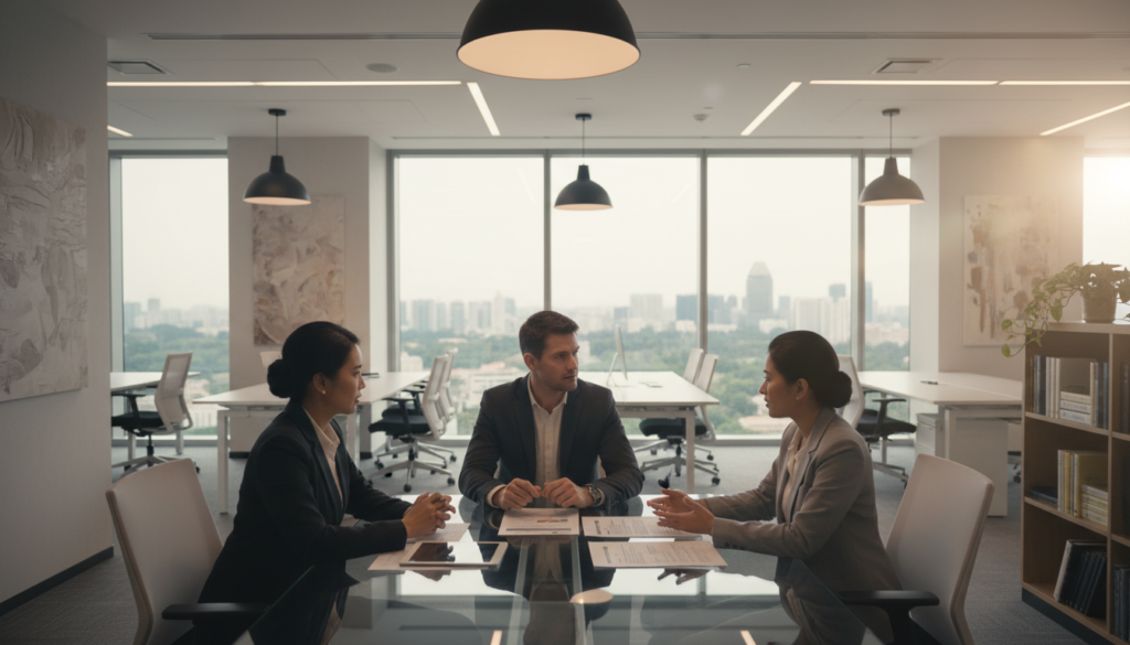 A photorealistic depiction of a modern asset protection company office in Singapore. In the foreground, a diverse group of professionals in business attire—a Southeast Asian woman, a Caucasian man, and an Indian woman—are engaged in a strategic discussion around a sleek glass conference table, with digital devices and documents spread across it. In the middle ground, large windows showcase a panoramic view of Singapore’s skyline, highlighting tall skyscrapers and greenery. The background features a stylish, well-lit workspace with contemporary furniture and subtle artwork, creating a sophisticated atmosphere. Soft, ambient lighting enhances the professional mood, with a slight lens flare filtering through the windows, suggesting optimism and innovation.