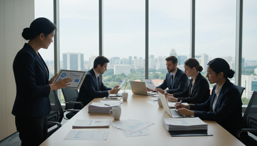 A photorealistic depiction of a modern compliance office setting, showcasing a diverse team of business professionals dressed in formal attire, engaged in discussions around compliance processes. In the foreground, a middle-aged Asian woman points at a digital tablet displaying compliance guidelines. The middle section features a large conference table filled with documents, laptops, and financial reports, with colleagues reviewing materials and collaborating. The background highlights floor-to-ceiling windows allowing natural light to illuminate the space, with cityscape views of Singapore visible. The atmosphere is focused and professional, emphasizing teamwork and diligence in operating accounts compliantly. The lighting is bright and clear, reflecting a polished, corporate environment.