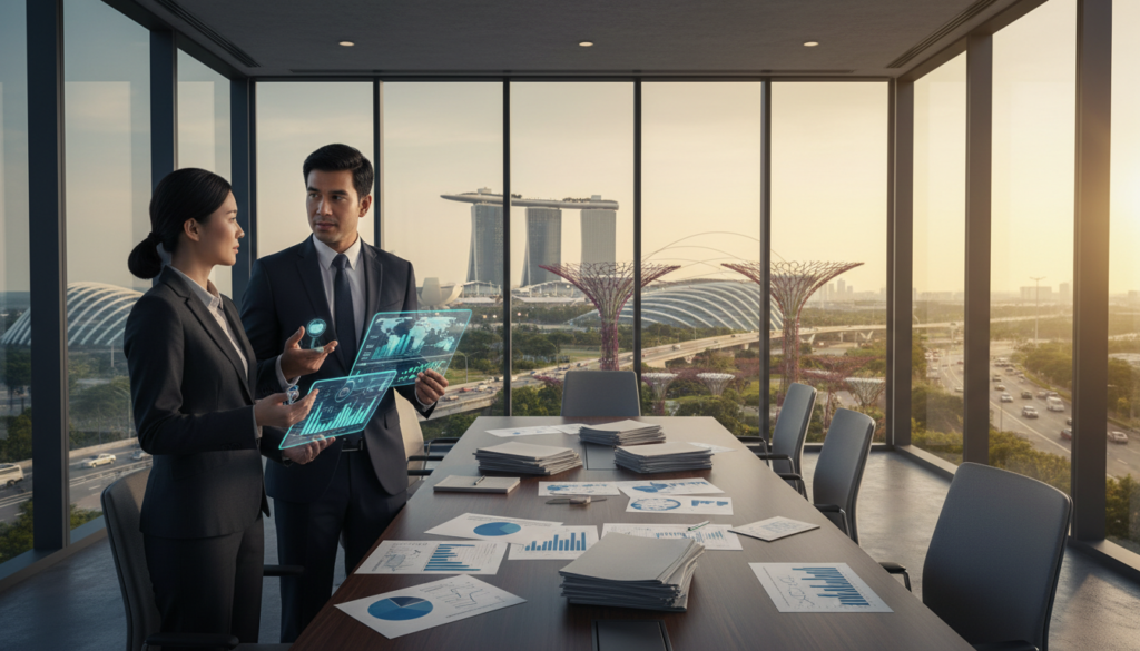 A photorealistic depiction of a modern financial hub that symbolizes capital strategy for multi-country business groups. In the foreground, a diverse group of three professionals in business attire engaged in discussion, holding digital tablets that display financial data. The middle ground features a sleek, contemporary office environment with large windows showcasing a city skyline, while a large conference table, complete with documents and financial charts, adds to the professional atmosphere. In the background, iconic buildings and bustling streets of Singapore can be seen, illuminated by warm natural light streaming in. The scene conveys a sense of cooperation, innovation, and ambition, evoking a mood of professionalism and strategic thinking. The perspective is slightly elevated, enhancing the depth of the setting.