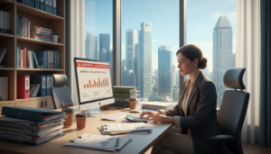 A photorealistic depiction of a modern office environment centered around the concept of late GST filing penalties in Singapore. In the foreground, a professional woman in modest business attire is seated at a desk cluttered with paperwork, glancing at a calculator and a computer screen displaying financial graphs. In the middle, a large window reveals a cityscape of Singapore, with iconic skyscrapers and a clear sky, symbolizing the financial hub. The background features a shelf filled with accounting books and tax guides. Soft, natural lighting floods the scene from the window, creating a focused yet tense atmosphere, reflecting the weight of financial responsibilities and deadlines. The composition should evoke a sense of urgency and importance regarding tax compliance and the consequences of late submissions.