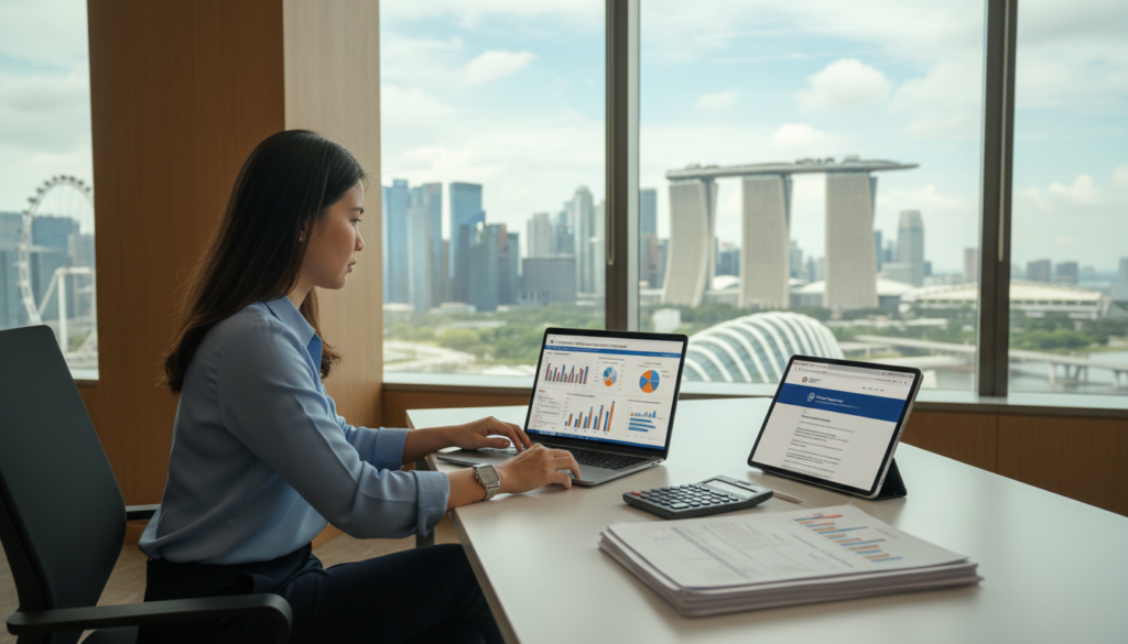A photorealistic depiction of a modern office environment focused on CPF contributions in Singapore. In the foreground, a professional-looking Asian woman in smart business attire is reviewing detailed charts and graphs on a laptop, emphasizing payroll management. In the middle, a sleek desktop with financial documents and a calculator, symbolizing careful calculation and compliance. The background features a panoramic view of Singapore’s skyline, showcasing iconic buildings like Marina Bay Sands. Soft, natural lighting streams through large windows, creating a warm, inviting atmosphere. The mood is one of professionalism and diligence, highlighting a commitment to compliance and efficiency in payroll management.