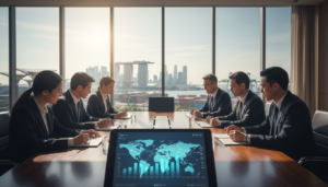 A photorealistic depiction of a modern office setting representing free trade agreements, showcasing a large, sleek conference table surrounded by diverse business professionals in smart business attire engaged in discussion. In the foreground, a close-up of a digital tablet displaying infographics of trade statistics and partnership maps. The middle ground shows the diverse group actively collaborating, with expressions of focus and determination. In the background, a large window reveals a panoramic view of Singapore's skyline, with prominent skyscrapers and the harbor, symbolizing regional connectivity. Bright, natural lighting floods the room, casting soft shadows, creating an atmosphere of collaboration, opportunity, and growth. The angle is slightly elevated, giving a dynamic perspective on the scene while maintaining a professional ambiance.