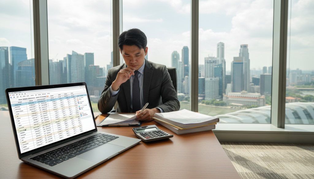 A photorealistic depiction of a modern office workspace focused on transactions and bookkeeping. In the foreground, a neatly organized desk features an open laptop displaying a detailed spreadsheet and invoice templates, complemented by a calculator and stacks of neatly arranged financial documents. The middle ground showcases an employee dressed in professional attire, thoughtfully reviewing paperwork, with a look of concentration. In the background, a large window allows natural light to flood the room, revealing a view of Singapore's skyline. The atmosphere is one of productivity and professionalism, with soft lighting creating a warm and inviting ambiance. The overall composition conveys the importance of meticulous record-keeping for businesses.