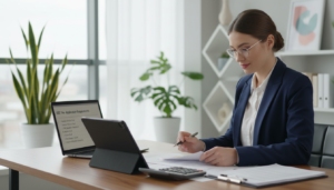 A photorealistic depiction of a modern office workspace illustrating "gst pre-application requirements." In the foreground, a sleek wooden desk with neatly arranged documents, a laptop open to a digital form, and a calculator. In the middle ground, a professional individual in business attire, looking thoughtfully at the paperwork, reflecting concentration. The background features a large window allowing natural light to flood the room, creating a bright and inviting atmosphere. Plants are strategically placed to enhance the ambiance, and minimalist decor provides a contemporary touch. The lens should capture a slight depth of field, emphasizing the individual and the desk while softly blurring the background, conveying a serious yet hopeful mood as one prepares for GST voluntary registration.