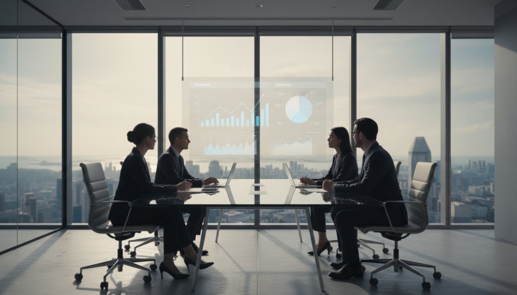 A photorealistic depiction of a modern, sleek office meeting room reflecting the concept of Variable Capital Companies (VCCs). In the foreground, a diverse group of four professionals dressed in formal business attire, engaged in a discussion around a large, glass conference table. The middle ground showcases a digital display screen with graphs and charts symbolizing financial growth and structure. In the background, floor-to-ceiling windows reveal a stunning skyline of Singapore, illuminated by soft, natural light, creating a vibrant yet professional atmosphere. The scene conveys a sense of optimism and strategic planning, with subtle shadows adding depth to the space. The overall composition should evoke professionalism, collaboration, and financial acumen, without any text or distracting elements.