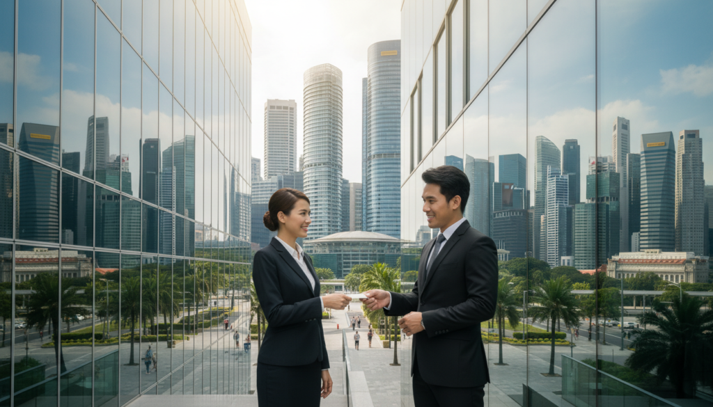 A photorealistic depiction of a modern virtual office address scene in Singapore, showcasing a sleek office building exterior for Paya Lebar Square, Suntec, and the bustling Singapore CBD in the background. In the foreground, a well-dressed professional man and woman are exchanging business cards, both in smart attire, with a backdrop of glass façades reflecting the city skyline. Bright daylight filters through, creating a vibrant yet professional atmosphere. Capture the architecture's clean lines and the lively street life, with greenery and urban designs merging harmoniously. The camera angle should be slightly elevated to provide a comprehensive view, highlighting the distinction of each location while ensuring a cohesive cityscape. No text, logos, or watermarks present.
