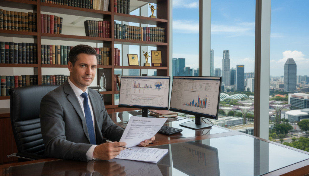 A photorealistic depiction of a professional banker seated at a sleek modern desk in an upscale Singapore bank office. In the foreground, the banker, dressed in a tailored grey suit, intently reviews a detailed financial document that outlines the source of wealth requirements. His expression is focused and analytical, reflecting the seriousness of onboarding clients. In the middle ground, shelves filled with financial books and awards highlight the bank's prestige. The background features large glass windows showcasing the stunning Singapore skyline with its iconic skyscrapers under a bright blue sky. Soft, natural light floods the room, creating an atmosphere of professionalism and trust. The camera angle is slightly overhead, capturing the entire scene in sharp detail, emphasizing the importance of thorough financial assessments during the onboarding process.