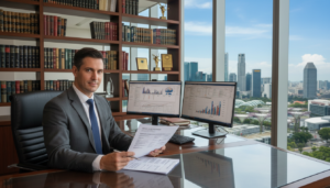 A photorealistic depiction of a professional banker seated at a sleek modern desk in an upscale Singapore bank office. In the foreground, the banker, dressed in a tailored grey suit, intently reviews a detailed financial document that outlines the source of wealth requirements. His expression is focused and analytical, reflecting the seriousness of onboarding clients. In the middle ground, shelves filled with financial books and awards highlight the bank's prestige. The background features large glass windows showcasing the stunning Singapore skyline with its iconic skyscrapers under a bright blue sky. Soft, natural light floods the room, creating an atmosphere of professionalism and trust. The camera angle is slightly overhead, capturing the entire scene in sharp detail, emphasizing the importance of thorough financial assessments during the onboarding process.