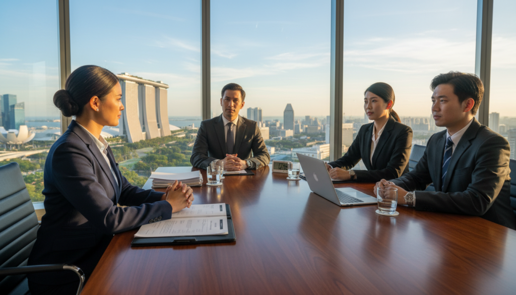 A photorealistic depiction of a professional banking interview scene in a sleek office environment. In the foreground, a confident candidate in smart business attire, such as a tailored suit, is sitting across from a panel of interviewers, who are in formal clothing. The middle ground features a polished wooden table with documents and a laptop, symbolizing an organized interview process. In the background, floor-to-ceiling windows reveal a modern Singapore skyline, with warm, natural daylight streaming in, creating a bright, inviting atmosphere. The mood conveys a sense of professionalism and focus, emphasizing the importance of structuring answers under time pressure. The camera angle is slightly elevated, capturing the interaction and expressions of both the interviewers and the candidate.