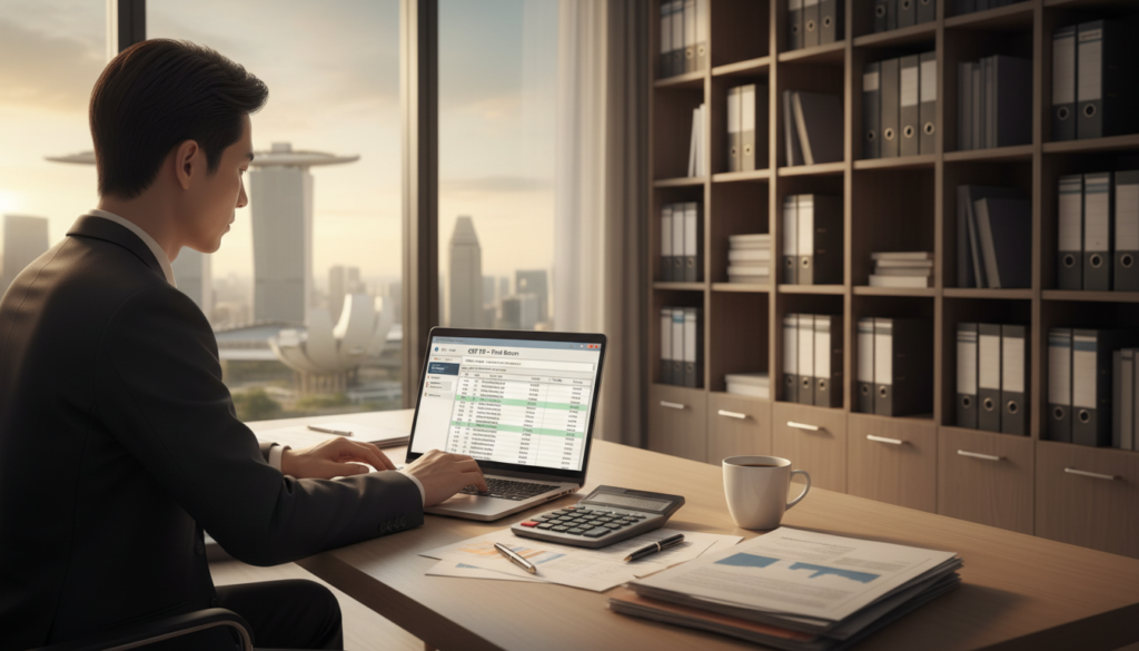 A photorealistic depiction of a professional business setting where an individual, dressed in formal attire, sits at a modern desk, focused on completing a final GST return filing. The foreground features a neatly arranged workspace with a laptop displaying a detailed spreadsheet titled "GST F8" and a calculator, alongside a cup of coffee. In the middle ground, a softly lit environment highlights a window with a view of Singapore's skyline, suggesting a bustling business atmosphere. The background showcases well-organized shelves filled with files and documents. The lighting is warm and inviting, creating a serious yet calm mood, emphasizing the importance of accuracy and timeliness in the GST deregistration process.