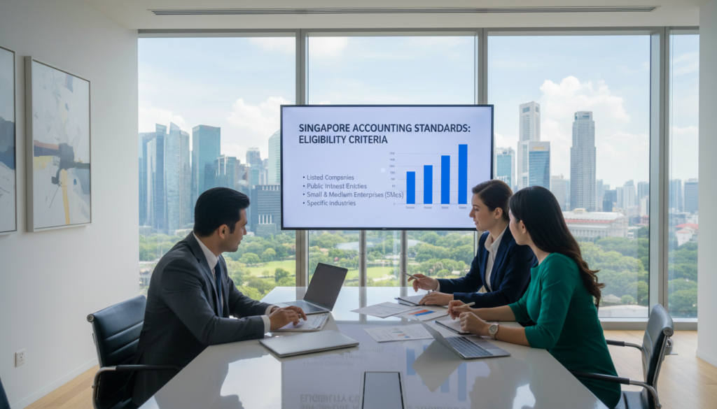 A photorealistic depiction of a professional, modern office space focused on accounting and finance. In the foreground, a diverse team of three business professionals in formal attire—one male in a suit, one female in a blazer and blouse, and a second female in a smart dress—analyze financial documents on a polished conference table. In the middle ground, a large screen displays charts and graphs indicating eligibility criteria for Singapore accounting standards, subtly illuminated by soft office lighting. The background features tall windows with a view of the Singapore skyline, casting natural light into the room, creating a motivational and collaborative atmosphere. The overall mood is one of professionalism and clarity, emphasizing the importance of understanding eligibility in accounting standards.