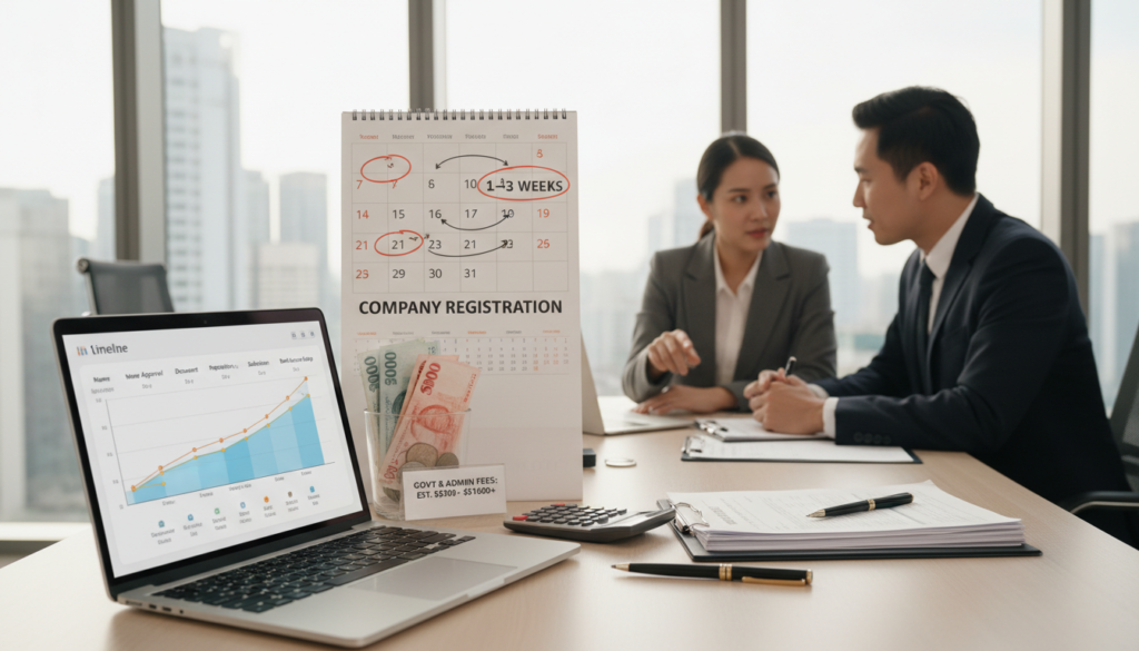 A photorealistic depiction of a professional office environment illustrating "Fees and Timeline" for company registration in Singapore. In the foreground, a sleek modern desk with a laptop displaying a digital timeline and a calculator, surrounded by pens and documents. The middle layer features a large wall calendar with marked dates, symbolizing the registration process duration, and a transparent container holding various Singapore dollar bills, representing fees. In the background, a professional in business attire is engaged in discussion with another person, pointing at the laptop screen, showcasing collaboration. Soft, warm lighting casts gentle shadows, creating an engaging and informative atmosphere conducive to business discussions. The perspective is slightly angled to invite viewers into the scene, emphasizing professionalism and clarity.