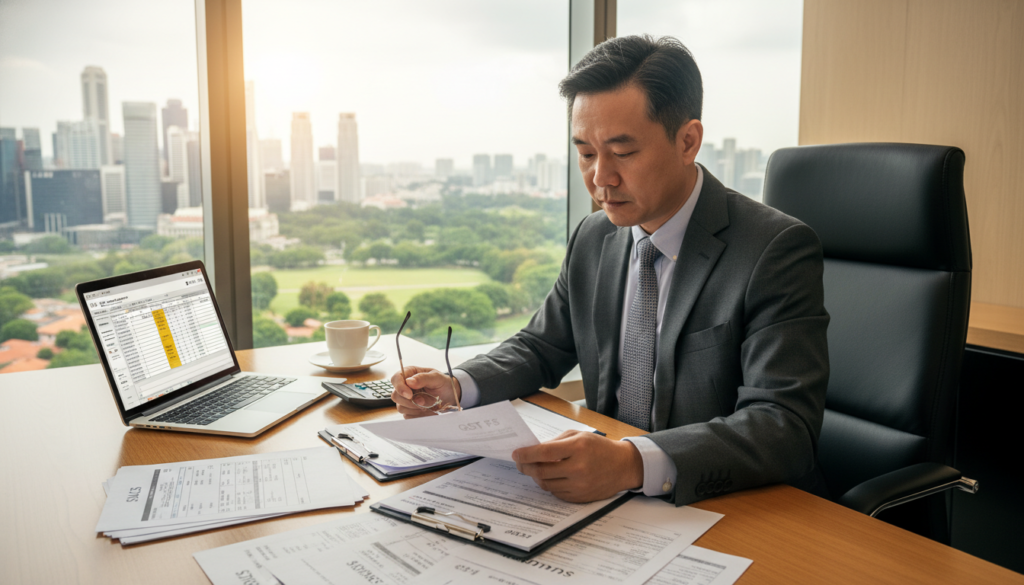 A photorealistic depiction of a professional office setting focused on GST documentation, featuring a neat wooden desk with organized stacks of paperwork, including invoices and tax forms. In the foreground, a well-dressed business professional, a middle-aged Asian male, is reviewing a document with a thoughtful expression, wearing a tailored suit and glasses. The middle ground shows a laptop displaying spreadsheets, with a calculator and a cup of coffee beside it. In the background, a large window allows natural light to stream in, illuminating a view of Singapore's skyline. The atmosphere is focused and serious, highlighting the importance of meticulous GST documentation and compliance in accounting practices.