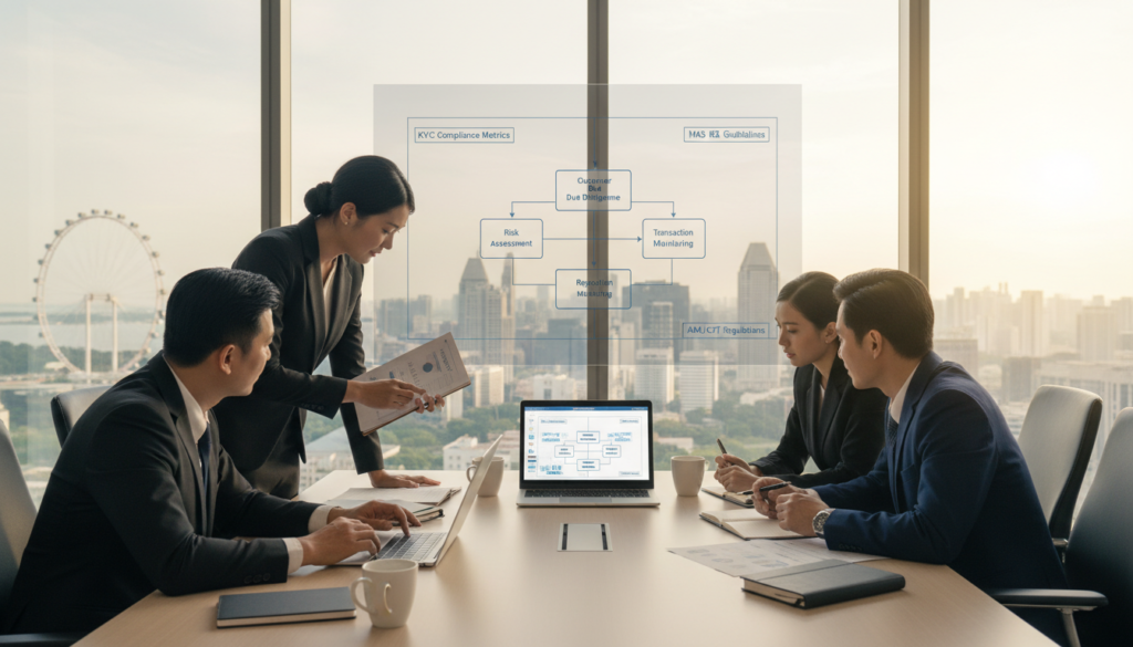 A photorealistic depiction of a professional office setting related to KYC regulatory drivers. In the foreground, a diverse group of four business professionals, dressed in business attire, are engaged in a focused discussion, analyzing documents and digital devices that display compliance charts. In the middle ground, a sleek conference table is cluttered with laptops, legal pads, and coffee cups, while an open laptop projects a flowchart of KYC processes onto a large screen. In the background, floor-to-ceiling windows offer a view of Singapore’s skyline, with iconic architecture reflecting in the sunlight. The lighting is bright and natural, creating an atmosphere of diligence and sophistication. The angle captures both the professionals and the skyline, emphasizing the connection between local business and regulatory compliance.