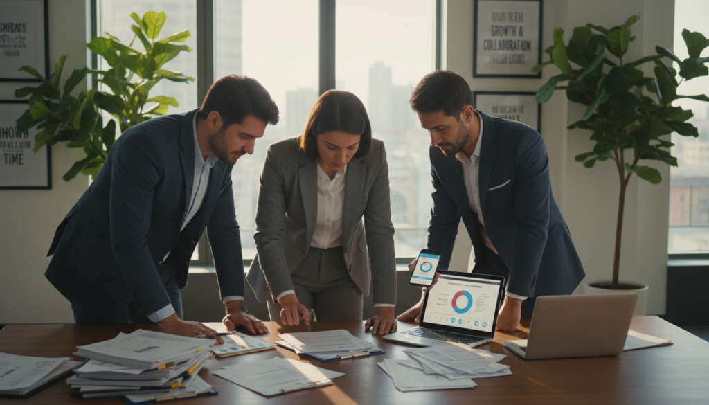 A photorealistic depiction of a professional office space, focusing on the share transfer process. In the foreground, a diverse group of three business professionals, dressed in smart business attire, are engaged in a discussion, examining documents and digital devices related to share transfers. The middle layer features a large table cluttered with paperwork, share certificates, and a laptop displaying charts and graphs showcasing share ownership. The background includes a large window with natural light pouring in, illuminating modern office decorations such as potted plants and motivational artwork, creating a collaborative and serious atmosphere. The perspective is slightly angled from above, lending a sense of depth to the scene, emphasizing a professional and focused mood central to navigating shareholder rights and protections. A photorealistic depiction of a professional office space, focusing on the share transfer process. In the foreground, a diverse group of three business professionals, dressed in smart business attire, are engaged in a discussion, examining documents and digital devices related to share transfers. The middle layer features a large table cluttered with paperwork, share certificates, and a laptop displaying charts and graphs showcasing share ownership. The background includes a large window with natural light pouring in, illuminating modern office decorations such as potted plants and motivational artwork, creating a collaborative and serious atmosphere. The perspective is slightly angled from above, lending a sense of depth to the scene, emphasizing a professional and focused mood central to navigating shareholder rights and protections.