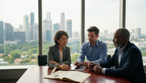 A photorealistic depiction of a serene office setting symbolizing trust in asset protection. In the foreground, a polished wooden desk with an open legal document and a quill pen, indicating professionalism and strategic planning. The middle ground features a diverse group of three professionals in business attire—a middle-aged Asian woman, a young Caucasian man, and an older Black man—collaborating over the document, showcasing teamwork and trust. In the background, a large window reveals a panoramic view of Singapore's skyline, with contemporary skyscrapers and lush greenery, illuminated by soft, natural sunlight. The overall atmosphere is one of calm assurance and strategic foresight, representing long-term wealth protection.