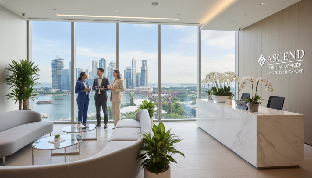 A photorealistic depiction of a sleek, modern office building showcasing a prestigious business address in Singapore. In the foreground, a spacious reception area with elegant furniture and a sleek reception desk adorned with greenery. In the middle ground, a large glass window revealing a bustling cityscape, highlighting iconic Singaporean architecture like the Marina Bay Sands and Gardens by the Bay. The background features a clear blue sky with soft, diffused sunlight illuminating the scene, creating a welcoming atmosphere. Add a diverse group of three professionals dressed in smart business attire engaging in conversation, symbolizing collaboration and success. Ensure the overall mood is vibrant and dynamic, emphasizing the importance of location for a virtual office setup.