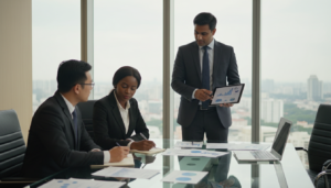 A photorealistic depiction of a sophisticated office setting, showcasing a diverse group of professional individuals engaged in a discussion about Singapore's territorial tax system. In the foreground, a South Asian businessman in a tailored suit is pointing at financial charts displayed on a modern tablet, while a businesswoman of African descent takes notes, representing teamwork and collaboration. In the middle ground, a sleek, glass boardroom table is littered with documents and a laptop, conveying a serious working atmosphere. The background features a panoramic view of Singapore's skyline through floor-to-ceiling windows, bathed in soft, natural light, creating a bright and optimistic mood. The overall composition conveys professionalism and focus on offshore income banking rules.