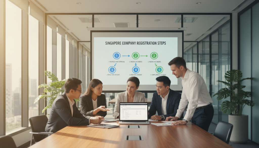 A photorealistic depiction of a step registration process for company registration in Singapore. In the foreground, a diverse group of professionals in smart business attire collaborates around a sleek wooden conference table, reviewing documents and a laptop displaying the BizFile+ interface. In the middle ground, a projector displays a flowchart illustrating each step in the registration process, with clear icons and arrows indicating progression. The background features a well-lit modern office with plants and glass walls, creating an open, inviting atmosphere. Soft, natural lighting pours in from large windows, casting gentle shadows and enhancing the professionalism of the scene. The overall mood is one of collaboration, clarity, and focus on business efficiency.