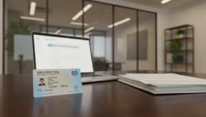 A photorealistic depiction of an Employment Pass document prominently displayed on a sleek office desk, surrounded by professional documents and a laptop. The foreground features the Employment Pass, showcasing its distinct design, colors, and official emblem. In the middle ground, a blurred laptop and a neatly organized stack of resumes hint at a hiring process. The background reveals a soft-focus view of a modern office environment with glass walls, subtle greenery, and warm lighting that creates an inviting atmosphere. The angle should be slightly tilted to highlight the details of the Employment Pass, while maintaining a professional, informative mood. No people are present, ensuring the focus remains on the document and workspace.