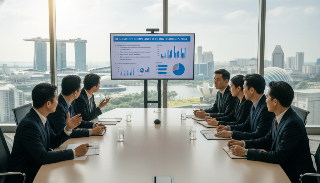 A photorealistic depiction of an annual general meeting (AGM) in a modern conference room setting. In the foreground, a diverse group of professionals in business attire sits around a sleek, oval table, studying documents and discussing strategies. The middle section features a large screen displaying a digital presentation with graphs and charts relevant to compliance and filing requirements. In the background, panoramic windows showcase a skyline view of Singapore, adding depth and context. Soft, natural lighting filters in, creating a bright and professional atmosphere. The scene captures a collaborative mood, emphasizing the importance of compliance in corporate discussions. The camera angle is slightly elevated, providing a comprehensive perspective that highlights the engagement among participants. A photorealistic depiction of an annual general meeting (AGM) in a modern conference room setting. In the foreground, a diverse group of professionals in business attire sits around a sleek, oval table, studying documents and discussing strategies. The middle section features a large screen displaying a digital presentation with graphs and charts relevant to compliance and filing requirements. In the background, panoramic windows showcase a skyline view of Singapore, adding depth and context. Soft, natural lighting filters in, creating a bright and professional atmosphere. The scene captures a collaborative mood, emphasizing the importance of compliance in corporate discussions. The camera angle is slightly elevated, providing a comprehensive perspective that highlights the engagement among participants.