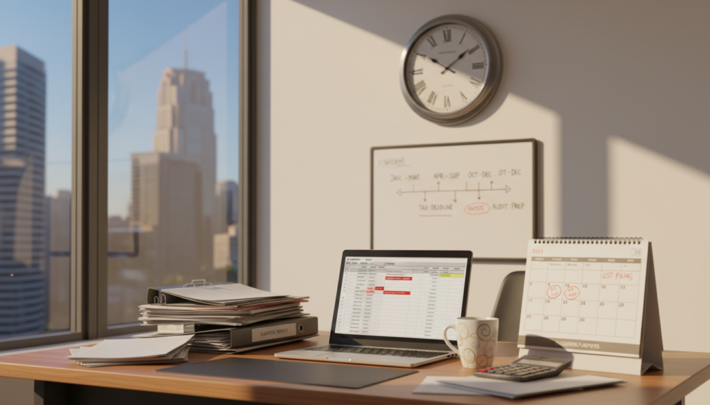 A photorealistic depiction of an office workspace focused on accounting periods. In the foreground, a well-organized wooden desk is laden with neatly stacked financial documents, a laptop displaying a spreadsheet, and a calendar with highlighted GST filing deadlines. To the side, a cup of coffee and a calculator add a personal touch. The middle ground features a large wall clock, emphasizing the urgency of tracking deadlines. In the background, a window with sunlight streaming in creates a warm and productive atmosphere, while city skyscrapers hint at a bustling business environment. The mood should feel professional yet approachable, reflecting the importance of diligent financial management. The image should be devoid of any text, ensuring clarity and focus on the theme of accounting periods.