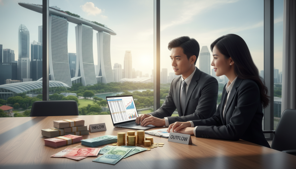 A photorealistic depiction of cash flow management in a Singaporean business setting. In the foreground, a diverse group of professionals in smart business attire — a Singaporean man and woman discussing over a laptop displaying spreadsheets with graphs. In the middle ground, stacks of colorful currency notes and coins representing different currencies, symbolizing incoming and outgoing cash flow. In the background, the iconic skyline of Singapore with skyscrapers and greenery under soft daylight, creating a bright and professional atmosphere. The focus is on collaboration and financial growth, with natural light filtering through a large office window, casting gentle shadows to create depth and warmth in the scene.