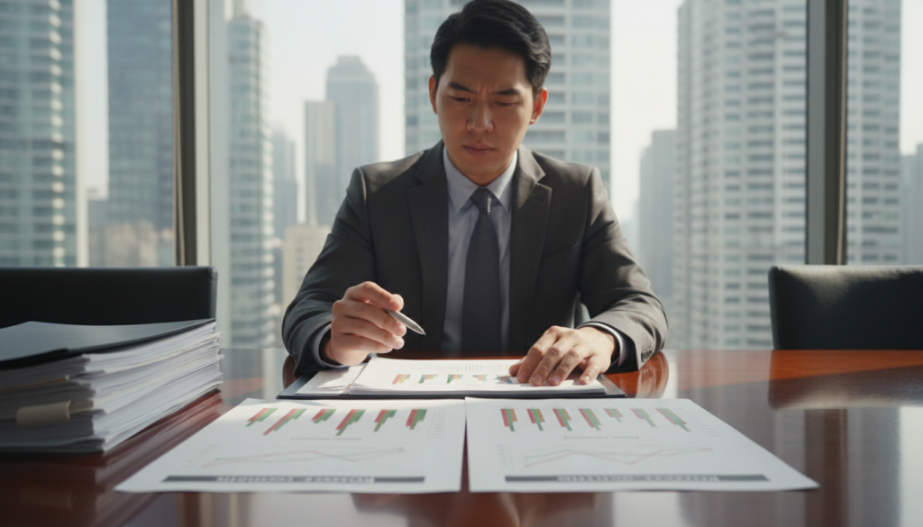 A photorealistic depiction of financial statements on a sleek, modern conference table. In the foreground, focus on crisp, detailed documents displaying charts, graphs, and numerical data, highlighting trends and key performance indicators. In the middle ground, a well-dressed business professional, a young Asian male in a tailored suit, intently studies the financial reports. His confident expression suggests deep analysis and preparation for a high-stakes corporate banking interview. The background features a contemporary office environment with large windows, allowing natural light to pour in, illuminating the scene. Soft shadows create a professional yet inviting atmosphere. Utilize a shallow depth of field to keep the focus on the documents and the subject's engaged expression, conveying the seriousness and technical nature of the preparation process.