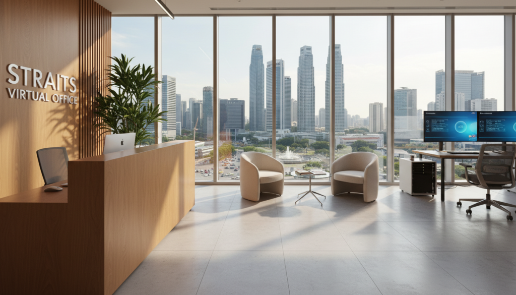 A photorealistic depiction of the Straits Virtual Office prominently located in Suntec City, Singapore. In the foreground, a sleek, modern reception area with stylish furniture, featuring a polished wooden desk, welcoming plants, and a soft seating area. The middle layer showcases a large window revealing the iconic Suntec City skyline, complete with its unique architecture and bustling urban ambiance. In the background, a subtle hint of digital technology like advanced calling features, with blurred office equipment to emphasize professionalism. The lighting is bright and airy, casting soft shadows, creating a warm and inviting atmosphere conducive to business. This scene captures the essence of a prime virtual office space ideal for startups.