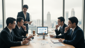 A photorealistic illustration depicting a modern, serene office environment in Singapore, focused on the concept of outsourced accounting. In the foreground, a diverse group of professionals in smart business attire collaborates over digital tablets and documents, displaying engagement and concentration. In the middle ground, an elegant desk with accounting tools and a laptop highlights the outsourcing aspect, with charts and financial statements scattered around. The background showcases a view of the Singapore skyline through a large window, bathed in soft natural light, enhancing the atmosphere of professionalism and innovation. The overall mood is one of efficiency and collaboration, emphasizing the benefits of outsourcing accounting in a dynamic business landscape. The angle should be slightly elevated to capture both the professionals and the stunning city backdrop.