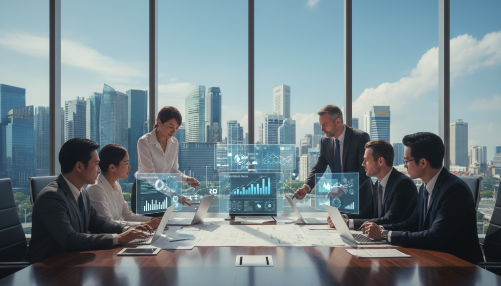 A photorealistic illustration of various offshore service models tailored for Singapore companies. In the foreground, a diverse group of professionals dressed in business attire discuss documents and laptops, symbolizing teamwork and collaboration. The middle ground features a sleek, modern conference table with blueprints and digital devices displaying graphs and charts reflecting hiring trends. In the background, large windows reveal a panoramic view of Singapore's bustling skyline, with iconic skyscrapers and a clear blue sky, conveying a sense of opportunity and innovation. Soft, natural lighting streams through the windows, creating an optimistic and productive atmosphere. Capture the essence of strategic business planning in an engaging and visually compelling way.