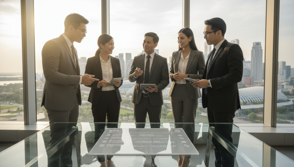 A photorealistic illustration representing "transparent pricing" for virtual office services in Singapore. In the foreground, display a sleek, modern office desk with a transparent price list prominently featuring low-cost to premium options, designed with a minimalist aesthetic. In the middle ground, include a diverse group of professionals in business attire, discussing the pricing options enthusiastically while pointing at the price list. In the background, show a panoramic view of Singapore’s skyline, with iconic landmarks subtly illuminated by soft daylight. Use warm lighting to create an inviting atmosphere and a wide-angle perspective to capture the bustling essence of a business environment. The overall mood should convey clarity, trust, and professionalism.