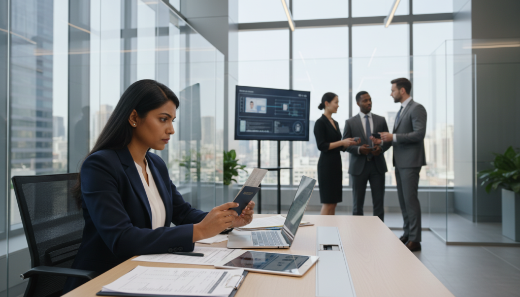 A photorealistic image depicting a KYC analyst verifying customer identity in a modern banking office. In the foreground, a professional-looking KYC analyst, a South Asian woman in business attire, is seated at a sleek desk, examining documents and a laptop. She has a focused expression, reflecting concentration and diligence. In the middle ground, a diverse group of individuals, also in business attire, are engaged in discussion, with some showing identification documents. The background features a well-designed banking environment with large windows allowing natural light to flood the space, accentuating the clean, modern aesthetic. The atmosphere is serious yet professional, emphasizing the importance of the KYC process. Soft, diffused lighting enhances the realism while maintaining a warm ambiance.
