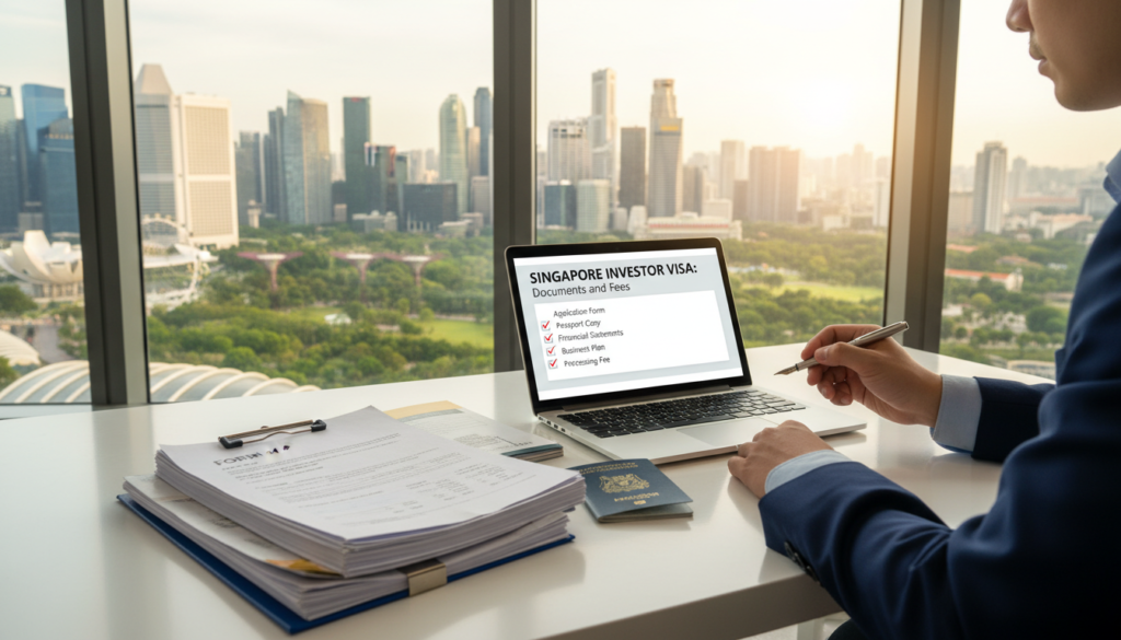 A photorealistic image depicting a business professional in smart attire sitting at a sleek desk, reviewing documents related to the Singapore Investor Visa application. The foreground should focus on a neatly organized stack of forms and application documents, with a pen poised over an application form. In the middle ground, include a laptop displaying a digital checklist titled "Documents and Fees." The background should feature a large window showcasing a panoramic view of Singapore's skyline, with modern buildings and greenery. Soft, natural lighting filters through the window, creating a calm and focused atmosphere. Capture the mood of professionalism and preparation, reflecting the essence of navigating visa requirements.