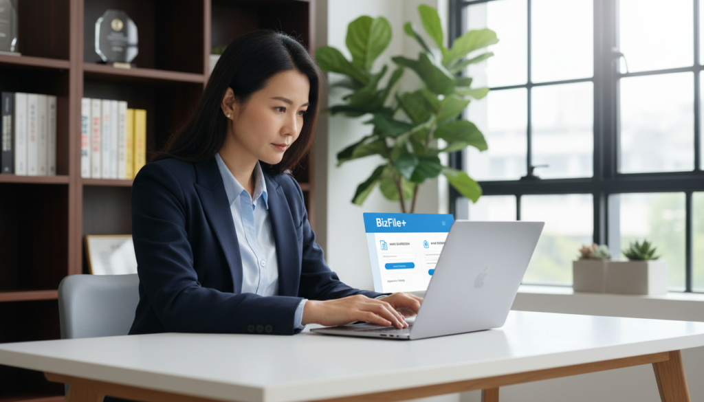 A photorealistic image depicting a business professional seated at a modern desk, focused on a laptop screen displaying the BizFile+ name application portal. In the foreground, the professional, dressed in smart business attire, is intently navigating the interface, fingers poised above the keyboard, a look of concentration in their eyes. In the middle, the laptop screen clearly shows an organized layout of the portal, with sections labeled for name submission and name reservation, featuring icons and a soft blue color scheme. The background includes a stylish office environment with bookshelves and potted plants, softly illuminated by natural light streaming through a nearby window, creating an atmosphere of professionalism and productivity.