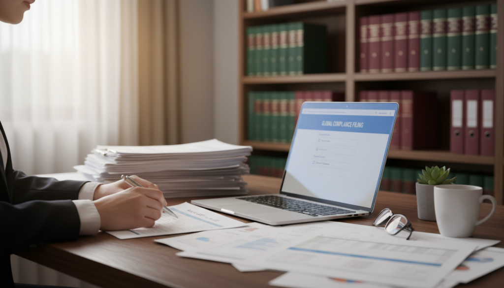 A photorealistic image depicting a cluttered desk with scattered financial statements, including balance sheets, income statements, and cash flow statements, arranged in neat piles. In the foreground, a pair of professional hands holding a pen and reviewing one of the documents, showcasing focused attention to detail. In the middle of the scene, there's a laptop opened to an online filing portal, its screen glowing softly, illuminating the workspace. The background features a well-organized shelf with legal books and documents neatly filed, emphasizing professionalism. Soft, natural lighting from a nearby window creates a calm and focused atmosphere, suitable for a compliance filing environment. The overall mood conveys diligence and preparation for an important financial task.