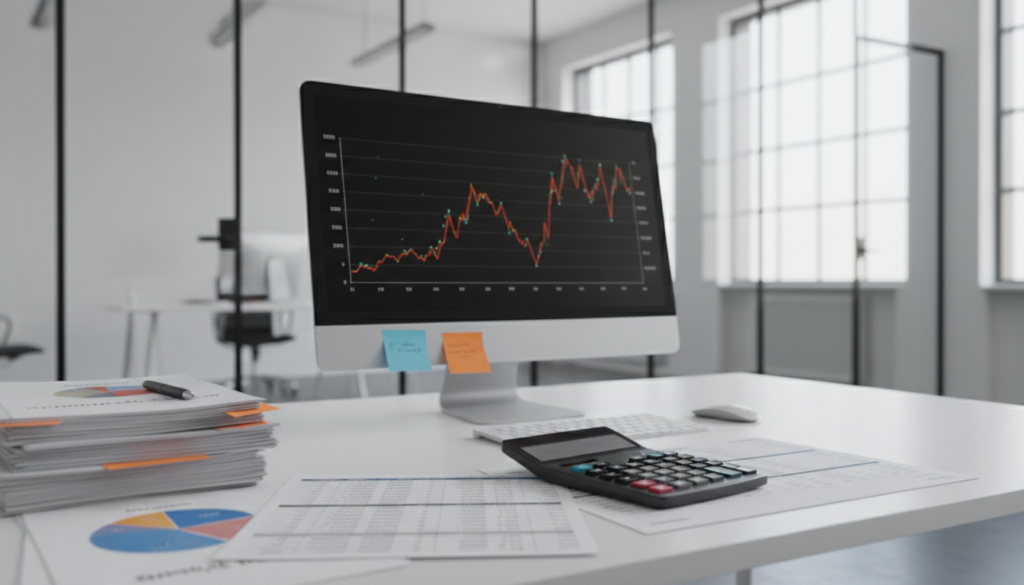 A photorealistic image depicting a corporate office setting that illustrates the concept of pricing and costs. In the foreground, a neatly arranged desk features a calculator, financial reports, and spreadsheets with various pricing figures, all in sharp focus. The middle ground showcases a sleek computer screen displaying a chart with fluctuating prices and hidden cost annotations, subtly illuminated by soft, warm lighting. In the background, a modern office with glass partitions and a minimalist design evokes a professional atmosphere. Large windows let in natural light, creating an inviting yet serious mood. The scene reflects an ongoing discussion about costs, conveying the complexity behind what “cheap” truly means in a corporate context. No people are included in the image, focusing solely on the elements that represent the themes of pricing and transparency.