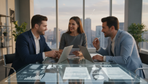 A photorealistic image depicting a modern accounting process for remote tax filing. In the foreground, a diverse team of three professionals—two men and one woman—are gathered around a sleek glass table, each engaged with digital devices such as laptops and tablets, deep in discussion. They are dressed in smart business attire, showcasing a lively collaboration. In the middle, a clear digital display on the table shows tax forms and graphs, symbolizing the financial data being reviewed. The background features a contemporary office space with large windows allowing soft, natural light to illuminate the scene, creating a warm and inviting atmosphere. The angle is slightly elevated, providing a comprehensive view of the teamwork involved in the accounting process.