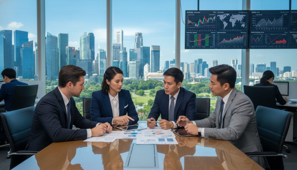 A photorealistic image depicting a modern corporate banking environment in Singapore. In the foreground, a diverse group of four professionals in business attire, including a woman in a tailored blazer and men in suits, engaged in a discussion, reviewing financial documents on a sleek conference table. The middle ground features large windows with a view of Singapore's iconic skyline, filled with skyscrapers and greenery. The atmosphere is vibrant and focused, illuminated by natural light pouring in. The background shows a modern banking office with digital financial displays and charts on the walls, reflecting the dynamic nature of commercial impact banking. The composition should have a clear depth of field, capturing the essence of professional assessment in corporate banking interviews.