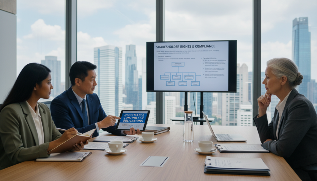 A photorealistic image depicting a modern corporate office setting, focused on a diverse group of professional individuals engaged in a discussion about compliance with registrable controller obligations. In the foreground, a middle-aged Asian man in a tailored suit is pointing at a digital tablet displaying a flowchart of obligations. Beside him, a young South Asian woman in a smart blazer takes notes, while an older Caucasian woman in business attire looks thoughtfully at a screen detailing shareholder rights. The middle ground shows an elegant conference table scattered with documents and a laptop. Background elements include large windows revealing a city skyline, with natural light illuminating the space, creating a serious yet collaborative atmosphere, ideal for a professional setting. A photorealistic image depicting a modern corporate office setting, focused on a diverse group of professional individuals engaged in a discussion about compliance with registrable controller obligations. In the foreground, a middle-aged Asian man in a tailored suit is pointing at a digital tablet displaying a flowchart of obligations. Beside him, a young South Asian woman in a smart blazer takes notes, while an older Caucasian woman in business attire looks thoughtfully at a screen detailing shareholder rights. The middle ground shows an elegant conference table scattered with documents and a laptop. Background elements include large windows revealing a city skyline, with natural light illuminating the space, creating a serious yet collaborative atmosphere, ideal for a professional setting.