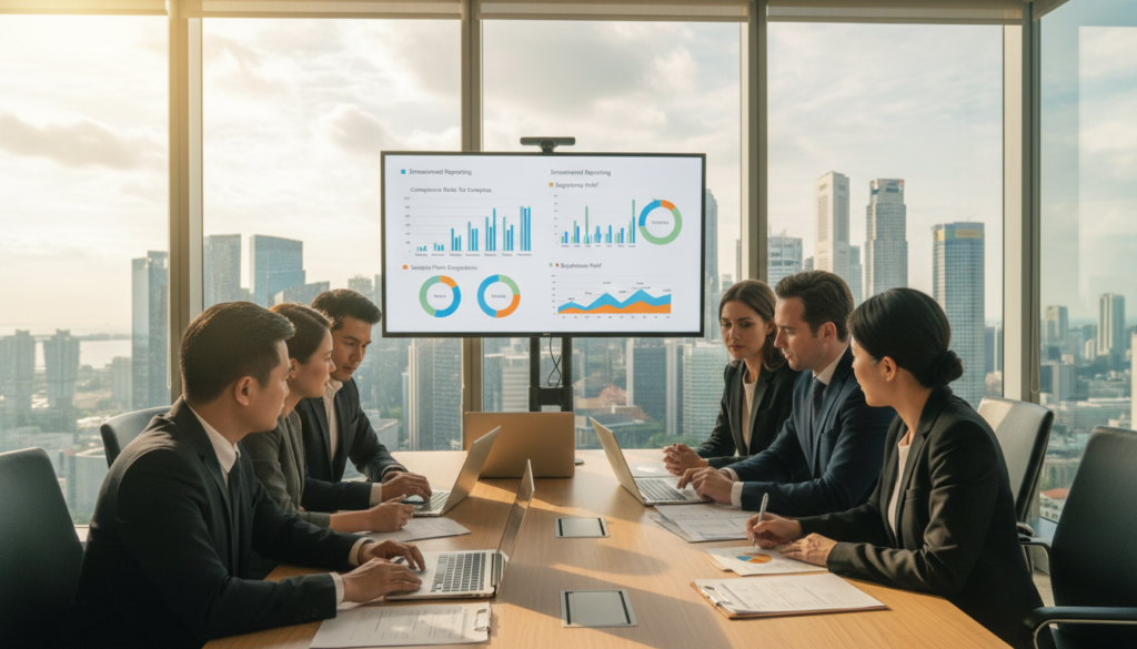 A photorealistic image depicting a modern office environment focused on "exemptions companies." In the foreground, a diverse group of professionals in business attire are engaged in a discussion around a conference table, reviewing documents related to audit exemptions and dormant companies. The middle layer features charts and graphs displayed on a digital screen showcasing compliance statistics. The background includes a large window with a view of Singapore’s skyline, adding a sense of place. Soft, natural lighting pours in, giving the scene a warm, inviting atmosphere. The overall mood is serious yet collaborative, reflecting the importance of understanding special cases in compliance. The perspective is slightly angled to capture both the professionals and the digital displays effectively. A photorealistic image depicting a modern office environment focused on "exemptions companies." In the foreground, a diverse group of professionals in business attire are engaged in a discussion around a conference table, reviewing documents related to audit exemptions and dormant companies. The middle layer features charts and graphs displayed on a digital screen showcasing compliance statistics. The background includes a large window with a view of Singapore’s skyline, adding a sense of place. Soft, natural lighting pours in, giving the scene a warm, inviting atmosphere. The overall mood is serious yet collaborative, reflecting the importance of understanding special cases in compliance. The perspective is slightly angled to capture both the professionals and the digital displays effectively.