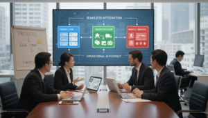 A photorealistic image depicting a modern office environment focused on operational add-ons for project, inventory, and payroll integrations. In the foreground, a diverse group of professionals in business attire are engaged in a lively discussion around a sleek conference table, surrounded by laptops, charts, and digital devices displaying graphs and financial data. The middle ground features a large interactive screen showcasing colorful diagrams representing projects, inventory flow, and payroll management. In the background, large windows allow natural light to flood the room, casting soft shadows and creating a productive atmosphere. The lighting is bright and warm to evoke a sense of collaboration and innovation, with a depth of field that softly blurs the background while keeping the foreground sharply in focus.