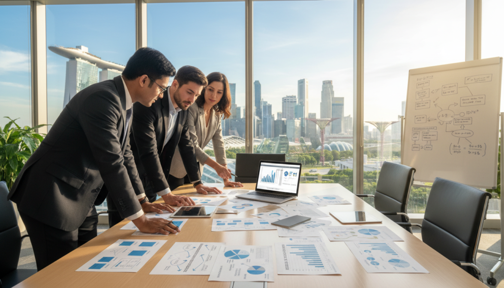 A photorealistic image depicting a modern office environment that symbolizes tax efficiency and compliance. In the foreground, a diverse group of three professionals in business attire, deeply engaged in discussion over financial documents and a laptop. Their expressions convey focus and determination. In the middle, a large conference table scattered with charts and graphs illustrating tax structures and BEPS compliance. Behind them, large windows provide a view of Singapore's skyline, with iconic buildings capturing the essence of a bustling business hub. Soft, natural lighting illuminates the space, creating a productive and optimistic atmosphere. The framing is slightly angled to give depth, emphasizing collaboration and strategic planning in a corporate setting.