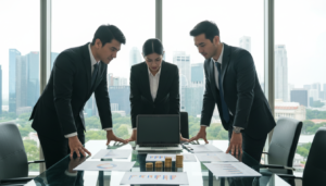 A photorealistic image depicting a modern office setting focused on finance and investment, with a glass conference table in the foreground. On the table, there are financial documents, a laptop showing graphs and charts, and a neatly stacked pile of coins symbolizing paid-up capital. In the middle, a diverse group of professionals in business attire—two men and one woman—discussing strategies with engaged expressions. The background features a large window with natural light streaming in, revealing a vibrant cityscape of Singapore. The mood is dynamic and collaborative, emphasizing compliance and professionalism in business operations. The lighting is bright and cheerful, illuminating the details on the table while casting soft shadows.
