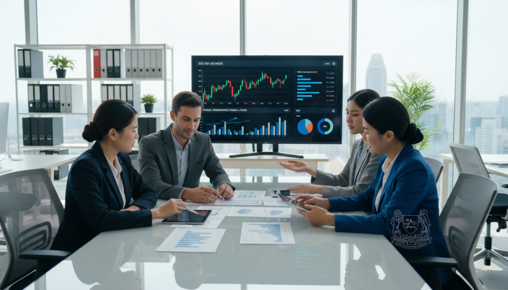 A photorealistic image depicting a modern office setting focused on financial reporting. In the foreground, a diverse group of three professionals—two women and one man—are discussing financial documents and charts on a sleek, glass conference table. They are dressed in smart business attire, exuding professionalism and teamwork. The middle ground features a large digital screen displaying colorful financial graphs and key performance indicators. The background includes a stylish office environment with contemporary furniture, shelves filled with accounting books, and large windows allowing natural light to flood the space. The lighting is bright and inviting, creating a productive atmosphere. The angle is slightly elevated, capturing the interaction among the team while emphasizing the importance of accurate record-keeping in compliance with Singapore's financial standards.