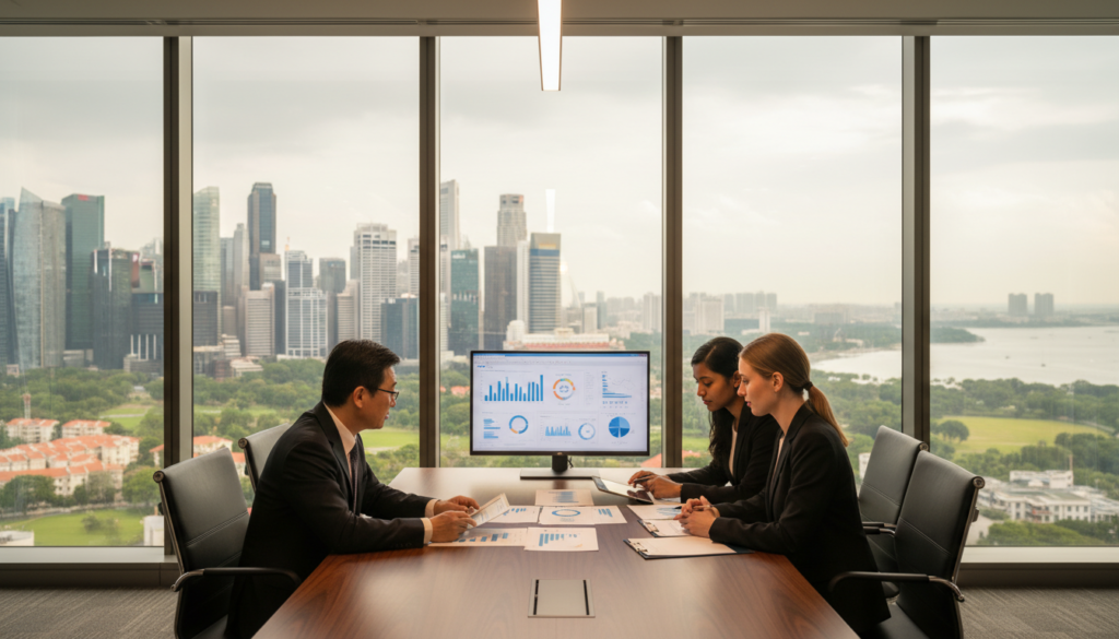 A photorealistic image depicting a modern office setting that embodies the concept of trust wealth planning. In the foreground, a diverse group of three professional individuals, a middle-aged Asian man and a young South Asian woman in business attire, and a Caucasian woman in a smart dress, are engaged in a discussion around a sleek conference table. They are animatedly reviewing documents and digital devices, symbolizing collaboration in wealth succession planning. In the middle, a luxurious cityscape view through large windows reflects the prosperity of Singapore, with tall buildings and greenery. The background is softly blurred to maintain focus on the individuals, with warm, inviting lighting that creates a sense of trust and professionalism, reinforcing the article's emphasis on wealth protection and succession.