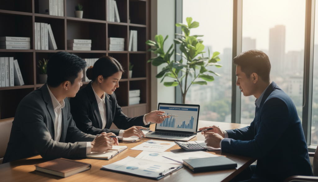 A photorealistic image depicting a professional business setting focusing on paid-up capital obligations for a company incorporation. In the foreground, a diverse group of three individuals—two men and one woman—are engaged in a discussion around a wooden conference table filled with financial documents, a calculator, and a laptop displaying graphs. The middle ground showcases a large window with natural light filtering in, illuminating the space and casting soft shadows. In the background, modern office décor, including potted plants and a bookshelf filled with business books. The atmosphere conveys a sense of professionalism, teamwork, and focus as they collaboratively strategize about meeting paid-up capital requirements. The image captures a close-up angle to emphasize the individuals’ expressions and interactions.