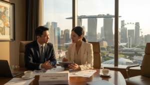 A photorealistic image depicting a professional businessman and businesswoman engaged in a discussion about the Global Investor Programme (GIP) in Singapore. In the foreground, the professional couple, dressed in formal business attire, are reviewing documents on a sleek wooden table, showcasing the seriousness of the investment process. In the middle ground, the iconic skyline of Singapore is visible through a large glass window, featuring landmarks like Marina Bay Sands and the Singapore Flyer, emphasizing the vibrant business environment. The background is softly illuminated with natural light, creating a warm and inviting atmosphere. Capture the scene from a slightly elevated angle to encapsulate the dynamic interaction and the bustling cityscape beyond, evoking a sense of opportunity and professionalism.