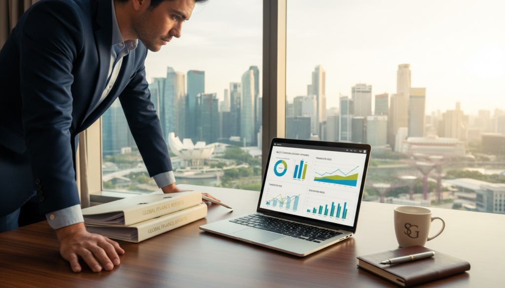 A photorealistic image depicting a professional, modern office setting focused on a comparison of multi-currency business accounts. In the foreground, a sleek wooden desk with an open laptop displaying colorful charts and graphs illustrating various account options. To the sides, neatly arranged folders and a stylish pen add a touch of professionalism. In the middle, a well-dressed business professional in smart attire, engaged in analyzing the data, with a thoughtful expression. The background reveals a large window with a skyline view of Singapore’s iconic buildings, bathed in soft, natural light creating a bright, optimistic atmosphere. The overall mood is one of clarity, organization, and executive professionalism, suitable for decision-making in a business environment.