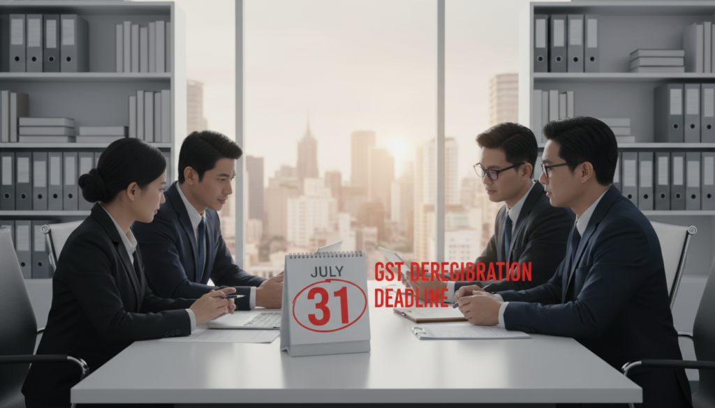 A photorealistic image depicting a professional office environment focused on the theme of "last day registration" for GST deregistration. In the foreground, a diverse group of three professionals dressed in smart business attire, intensely discussing documents laid out on a sleek conference table. One individual is pointing at a calendar marked with a highlighted date signaling the last day of registration. In the middle ground, a large window reveals a city skyline bathed in warm afternoon light, creating a sense of urgency and focus. The background features shelves filled with business books and legal documents, enhancing the atmosphere of seriousness and professionalism. The overall mood should convey determination and clarity, emphasizing the importance of completing registration processes timely.